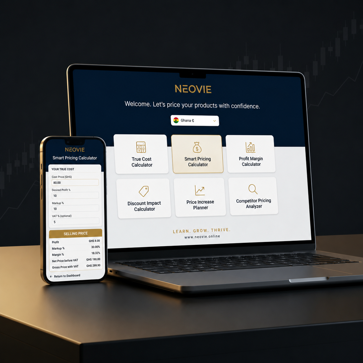 NEOVIE Pricing Toolkit on laptop and phone